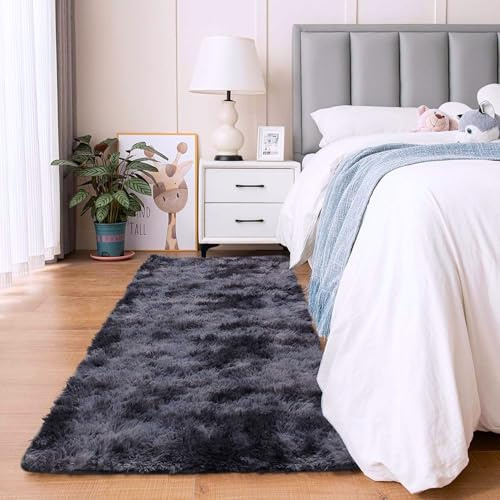 Aspire Homeware Rugs Living Room - Dark Grey Area Rugs for Bedroom Anti Slip - Modern Super Soft Thick Pile Fluffy Shaggy Rug Non Shedding (Tye-Dye Grey, 80x300 cm)