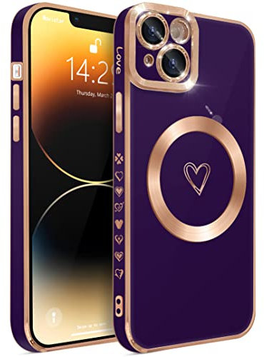 ECZOIL Compatible with iPhone 14 Plus Case MagSafe,Full Camera Lens Protection Luxury Electroplated Cute Heart Magnetic Case for iPhone 14 Plus for Women Girls-Deep Purple