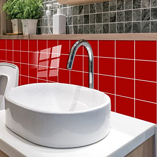 Stick on Tiles Red Tile Stickers PVC Self Adhesive Wall Tiles Heat Resistant Peel and Stick Floor Tiles Kitchen Stick on Wall Tiles Bathroom Kitchen 20x20cm/10 Pcs