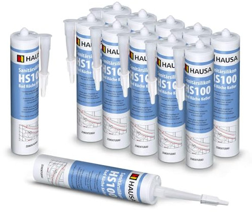 HAUSA Sanitär-Silikon HS100 zementgrau 12x 310ml hochelastische Fugendichtmasse für Bad Dusche Küche schimmelresistenter wasserdichter Acetat Silikon-Dichtstoff in Kartusche zum Abdichten Verfugen