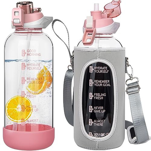 Seekua 2l Sport Gourde Verre avec Paille & Heure de Motivation 2 litres grande Bouteille d'eau Verre Réutilisable sans BPA avec Marqueur de Temps