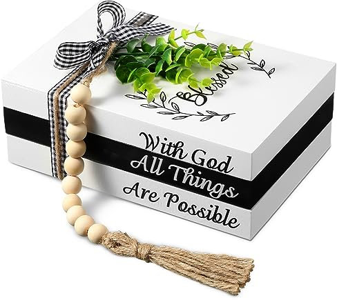 Capoda 3 Pcs Decorative Books for Home Decor Farmhouse Faux Stacked Books Wooden Rustic Table Decor with Bead Garland Twine Ribbon Faux Leaf for Table(Blessed)