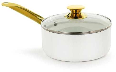 Holstein Housewares 3.5QT White Ceramic Nonstick Saucepan with Lid, Gold Color and Stainless Steel Handle, Golden Elegance
