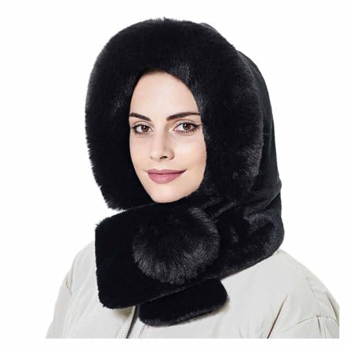 SHTGOI Kunstfell Kapuzenschal 2 in 1 Wintermütze Schal Set Pelzmütze und Loop Schal mit Plüschkugeln Winddicht Ohrenklappen mit Ohrschal Thermal Schalmütze für Damen Cycling Skifahren Schwarz
