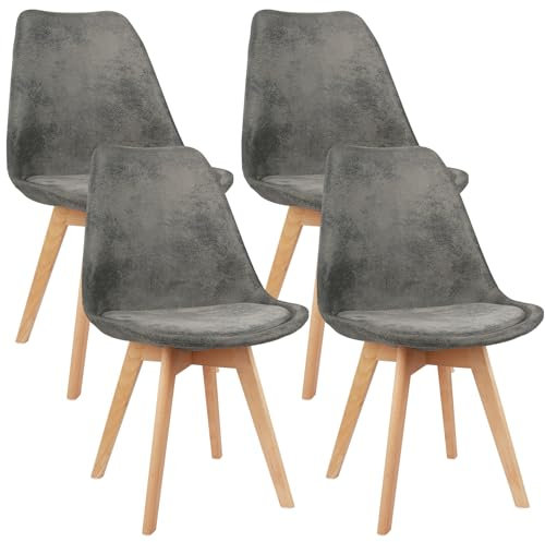 LEWE Esszimmerstühle 4er Set Stühle Skandinavischer Küchenstuhl Wildlederkissen mit Beinen aus Buchenholz für Esszimmer, Wohnzimmer, Schlafzimmer, Küche (Grau)
