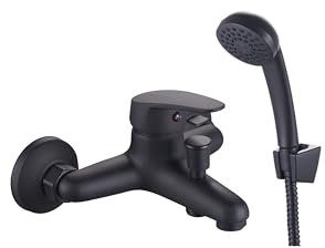 INGUZ | Grifo Ducha Con Transferencia | Viggo | 1,5-1.7m extensible | Incluye Alcachofa Ducha con Manguera | Grifo Bañera y Ducha Con Soporte Ducha Pared | Grifo de Ducha Monomando | Negro