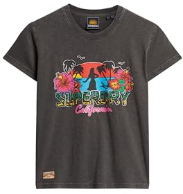 Superdry Damen Figurbetontes T-Shirt mit Cali-Sticker Vintage Schwarz 40