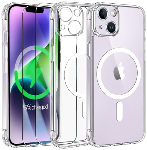 FLLAO Cover Magnetica per iPhone 14 e 2 Pellicole in Vetro Temperato, Cover iPhone 14 Compatibile con Magsafe, Custodia Traslucida Opaca Posteriore Sottile Antiurto Protettiva Case, Trasparente