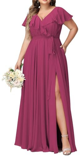 KURFACE Vestido de invitada de boda con cuello en V, espalda descubierta, formal, elegante, vestidos de fiesta de noche con bolsillos WSX476 fucsia UK16
