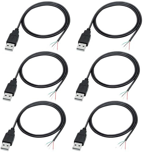 Greluma 6 Pz Pigtail USB maschio da 1 m, cavo USB 2.0 a 4 fili 22AWG, estremità aperta a filo nudo a 4 pin, cavo USB maschio da 1 metro, cavo di alimentazione con presa USB 12V