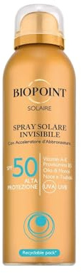 Biopoint Solaire Unsichtbares Sonnenspray, hoher Schutz, 150 ml, mit Bräunungsbeschleunigung, ohne Mineralöle, Farbstoffe, nickelfrei und wasserfest