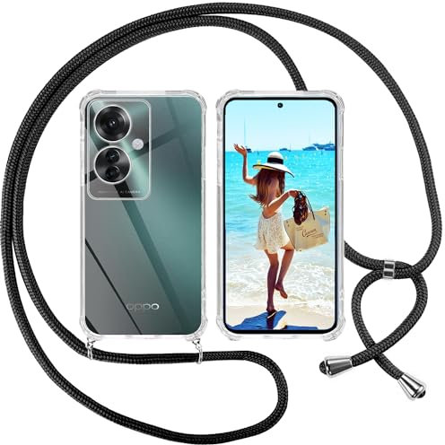 ISOI Handykette für Oppo Reno 11 F 5G Hülle mit Band, Transparent Silikon Handyhülle für Oppo Reno 11 F 5G mit Kette Stossfest Schutzhülle - Schnur mit Case Zum Umhängen in Schwarz