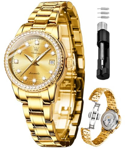 OLEVS Gold Diamant Frauen Uhr Automatische Mechanische Luxus Kleid Klassische Edelstahl Armband Damen Uhr