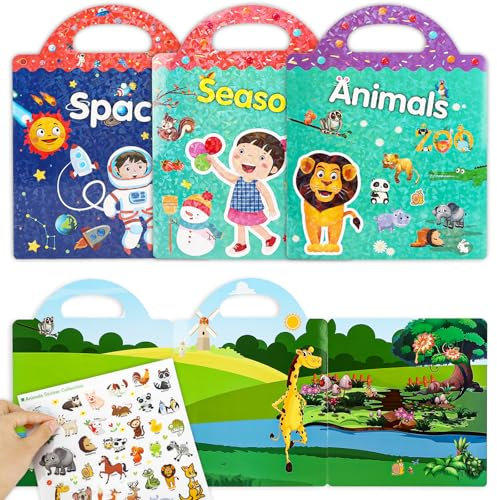 Farerkass Wiederverwendbare Wasserdichte Stickerbuch-Spielzeuge für Kinder - 3er Pack, Sticker Kinder Stickerbuch Ab 3 Jahre-6 Jahre: Tiere, Weltraum, Jahreszeit, Pädagogische Lerngeschenke für Kinder