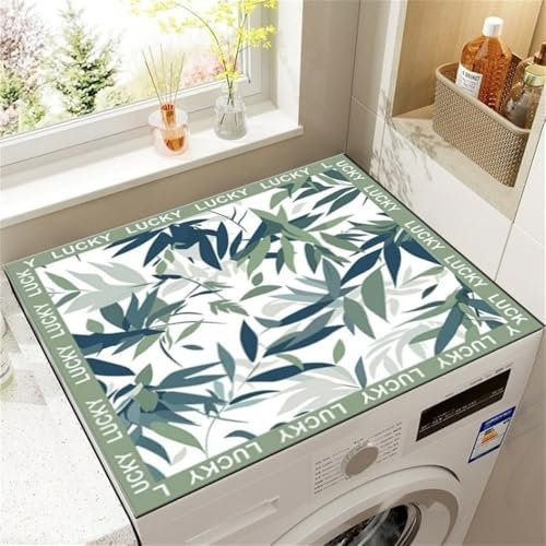 Highdi Waschmaschinenauflage Schnelltrocknend, Staubschutz rutschfest Waschmaschinen Unterlage, Waschküche Küchen Arbeitsplatte Badematte Waschmaschinen Auflage (Grüne Blätter,30x40cm)