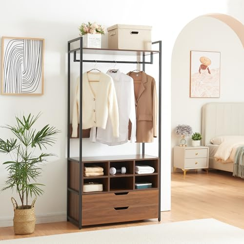[en.casa] Garderobenständer Larem Kleiderständer mit 6 Fächern Metallgestell 180 x 84 x 40 cm offener Kleiderschrank mit Kleiderstange Standgarderobe Flurgarderobe mit einer Ablage Walnussoptik