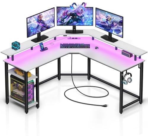 Rolanstar Schreibtisch L Form mit LED & Steckdosen, 135 cm Computertisch mit Monitorständer & Ablagefläche, Reversibler Eckschreibtisch mit 2 Haken, perfekt für Arbeitszimmer Schlafzimmer Büro