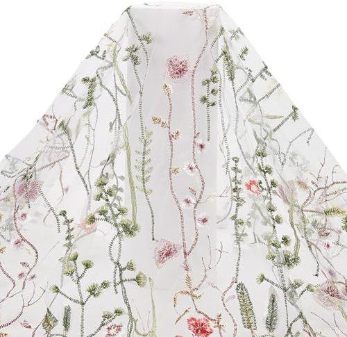 HOBBIESAY 2 Yards Blumen Bestickter Spitzenstoff 51.18 Zoll Blumennetz Tüllstoff Bunter Floraler Bestickter Spitzenbesatz Weiß Spitzenstoff Blumen Netzstoff Für DIY Kleidung Hochzeitskleid Vorhang