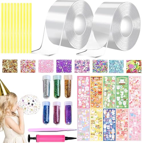 Nano Tape Bubbles Set, 38 Stück Nano Tape DIY Craft Kit, Nano Doppelseitiges Klebeband, Blowing Bubble Tape, Magie Nano Klebeband mit Pailletten Aufkleber, Bubble Tape Party Geschenke für Kinder