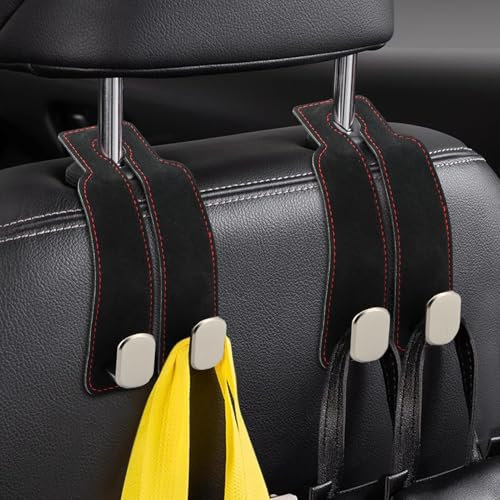 Tongdejing 2 Pcs Car Seat Back Double Hook,Car Headrest Hook Leather Car Seat Organiser Hooks Car Hanger Storage for Purses Bags and Umbrellas(Black)