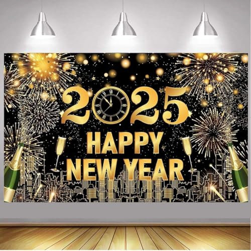 Silvester Banner Deko2025, XXL Happy New Year Banner 2025 Deko, Schwarz Gold Neujahrs Hintergrund Banner, Silvester Stoff Foto Hintergrund Banner für Silvester Neujahr Party Deko 2025