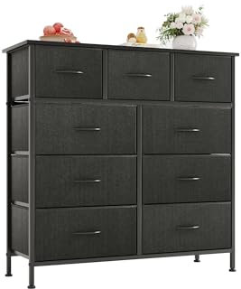 CAIYUN Kommode, Schrank, Aufbewahrungsschrank, 9 Schubladen aus Stoff mit Griffen, Metallrahmen, industrieller Stil, Schwarz