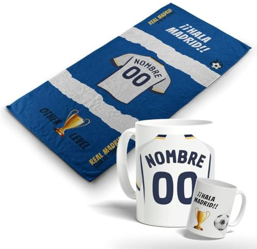 Pack Taza del Madrid y Toalla del Madrid Personalizadas con nombre y equipo de fútbol. Regalo Original para Aficionados del Fútbol. Equipaciones de fútbol. (Madrid, 70x140)