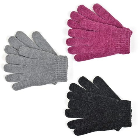A2Z Ladies Gloves 3 Pack Thermal Warm Winter Chenille Gloves Full Fingers Fuzzy Stretchy Knitted Snow Mittens Women Walking Riding Driving Warm Gloves One Size Fits All