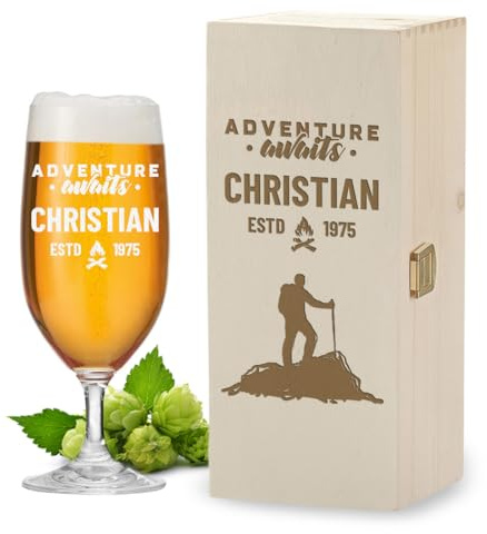 polar-effekt Leonardo Bierglas Tulpe 0,3 Liter + Holzkiste Set mit Gravur - Personalisiertes Männergeschenk - Ideal zum Geburtstag und Vatertag - Für Pils und Export