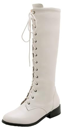 ZZQCCHL Donne Lace Up Knee High Boots Flat Chunky Biker Combat Military Long Boots Knight Stivali con Cerniera Laterale,Bianca,39 EU