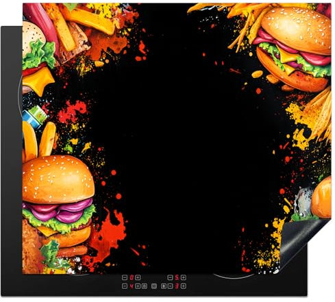 KitchenYeah© Protector Vitroceramica 60x52 cm Tapa para induccion Placa Encimera Cubre de Protectora Cocina Comida rápida - Graffiti - Hamburguesa - Comida - Moderno