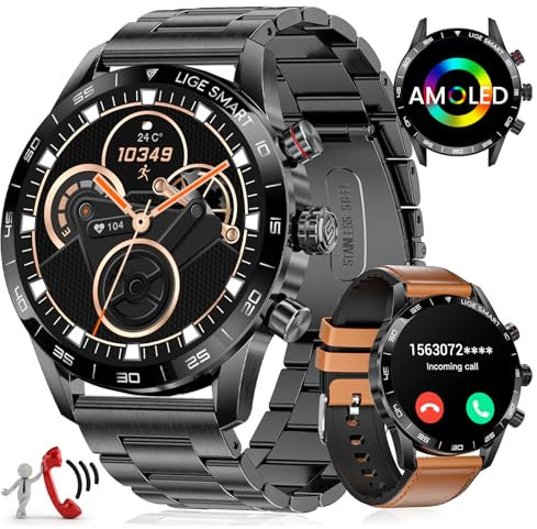 LIGE Montre Connectée Homme 1,43'' AMOLED Montre Connectée avec Appel Bluetooth Assistant Vocal,124 Modes Sportifs,Autonomie de 15 Jours,Etanche Smartwatch pour iOS Android,2 Bracelets
