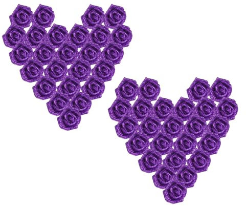 PATIKIL Glitter Roses, 50 Pcs Foam Artificial Flowers Roses Heads Real Looking Fake Flower Bulk with Stem for DIY Wedding Bouquets Centerpieces Wreath Home Party Decoration, Purple