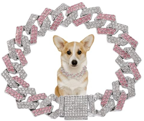 Collier rose pour chien, collier à strass pour chiot, chaîne à paillettes avec maillons cubains pour chiens de petite, moyenne et grande taille, 20,3 cm
