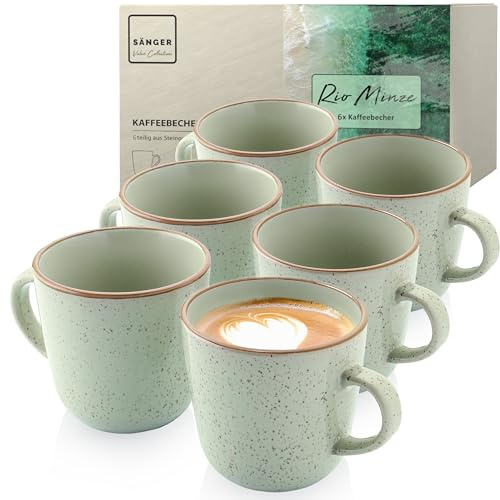 SÄNGER Rio Minze Kaffeebecher 6 tlg, Steingut Tassen Set für 6 Personen | Tassen multifunktional, spülmaschinen- mikrowellenfest, Coffee Mug Teetasse, Kaffeetassen mintgrün 430 ml