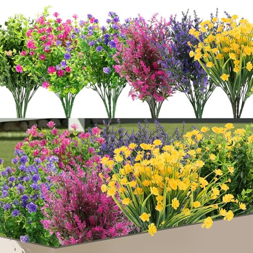 Giyofom 24 Bundles Artificial Fake Flowers Outdoor, UV No Fade Boxwood Faux Plastic Shrubs Greenery Plants for Garden Patio Porch Window Box Home Indoor Wedding Farmhouse Hanging Planter Décor