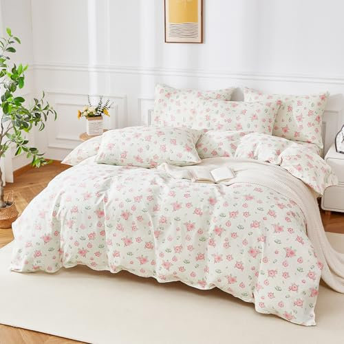 YASMENG Housse de Couette 140x200 Coton Motif de Fleurs Rose Parure de Lit Coton Câlin Doux Respirant Linge de Lit 1 Personne pour Fille avec Fermeture Éclair et Taie d'oreiller 65x65 cm