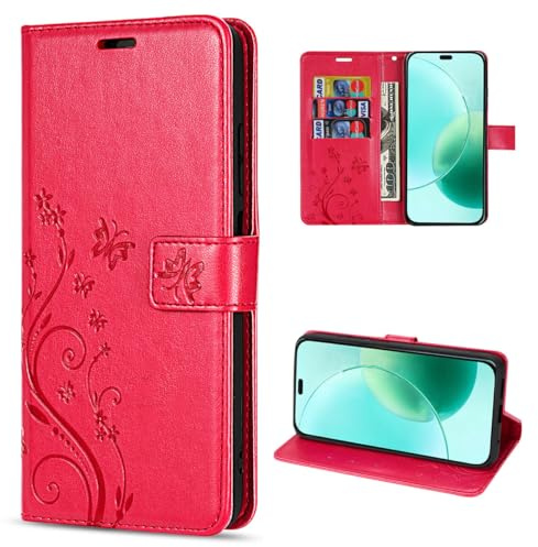 betterfon Handyhülle kompatibel mit Honor 400 Lite | Premium PU Leder Handy Hülle Wallet Case | Schutzhülle Blumen Klapphülle | Rot