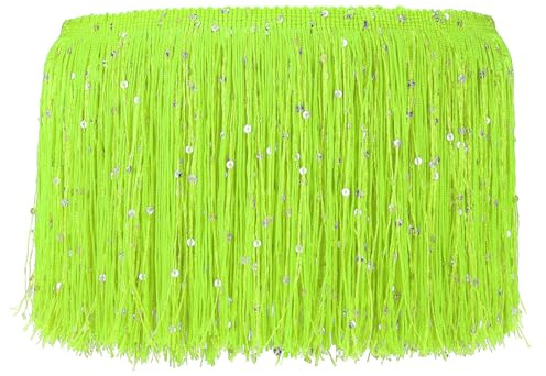 PATIKIL 15cm Breite Fransenborte Pailletten Fransenbesatz 2 Meter Quasten Nähbesatz Quastenborte Pailletten Stoff für Kostüme Kleidung Party Dekoration DIY Basteln Handwerk, Neon Grün