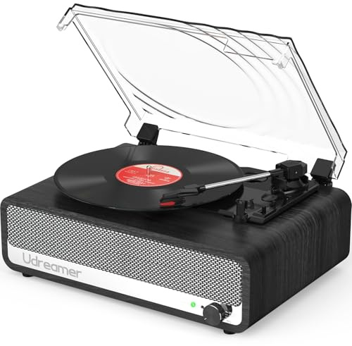 Udreamer Platine Vinyle avec Haut-Parleur, Bluetooth, Compatible USB, entrée auxiliaire, Sortie Casque RCA, entraînement par Courroie, 3 Vitesses, arrêt Automatique, Noire