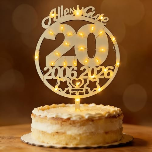Tortendeko 20 Geburtstag Frau Mann 2006-2026, Seutgjie Deko 20. Geburtstag Jubiläum Hochzeitstag Cake Topper Porzellanhochzei Holz mit LED Lichterkette Tortenaufleger Blumenstecker