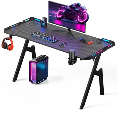 Warmiehomy Gaming Desk with LED Lights 140 x 60cm Computer Desk, Black | RGB Gaming Table with Headphone Hook ,Cup Holder and Mouse Pad. Large Gamer Table for Home Office, Bedroom.