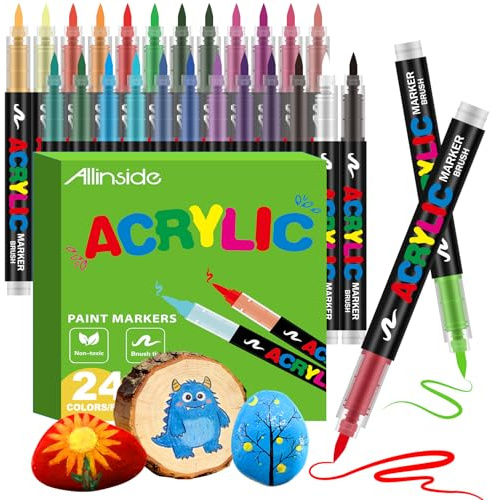 Allinside Pennarelli Acrilici, 24 colori Acrilici Pennarelli Acrylic Marker Brush pen per Pittura su Pietra, Legno, Vetro, Tessuto e Artigianato