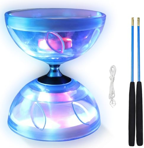 LED Diabolo mit Kugellager, DiaBolo Freiläufer mit Kugellager, Dia-bolo Leuchtend im Dunkeln, Dia-Bolo Jonglier Set, für Kinder Erwachsene, Anfänger Profis, Freilauf Zirkus Jonglierspielzeug
