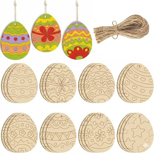 Clyhon 24pcs Colorer Oeufs Suspendu en Boispour Enfants Loisir Créatif Pâques Bricolage Fête Printemps Activité Familale Scolaire DIY Déco