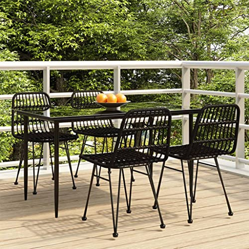 Hoopleep Ensemble de jardin 5 pièces - Table à manger en polyrotin noir avec verre trempé et 4 chaises - Résistant aux intempéries - Pour extérieur, terrasse et balcon
