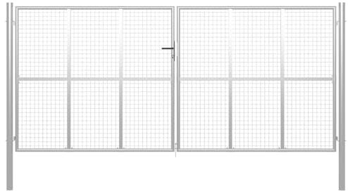 Galvanised Steel Garden Gate 400x175 cm, Silver Metal Fence Gate with Lock and Posts, Durable Chain Link Fence Barrier for Driveway or Farm