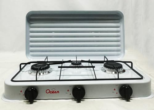 Hornillo de gas de 3 fuegos, 3200 W, quemadores de hierro fundido extraíbles, con tapa, a gas butano o propano
