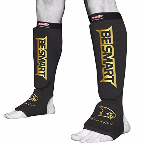 BeSmart Shin Instep Pads MMA Leg Foot Guards Muay Thai Kick Boxing Guard Protector (Black/Gold, Small)