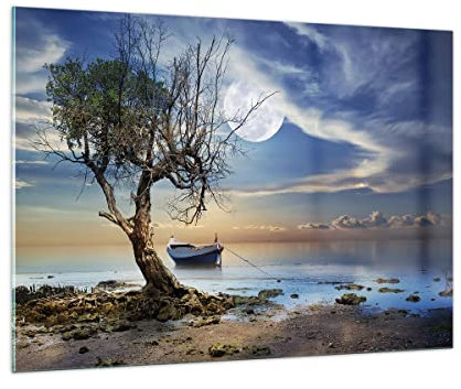 Bilder auf Glas 100x70cm Glasbild Nacht Mond Boot Groß Wanddeko Bild im Glas Schlafzimmer Küche Deko Wandbilder Dekoration Wohnzimmer Modern Wall Decor Glasdruck Wand Kunstdruck Art GAA100x70-3457